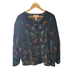 Life Style Floral Embroidered Black Velour Jacket Size Large